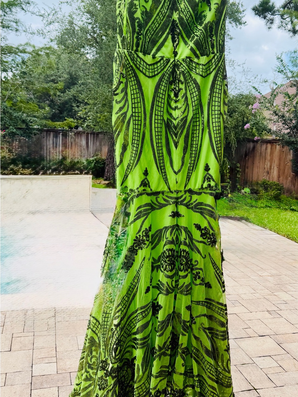 Neon Green Sequin Embellished Maxi Dress w long train